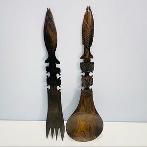 Hand Carved Wooden Salad Tossers Fish Carved Top Wall Deco